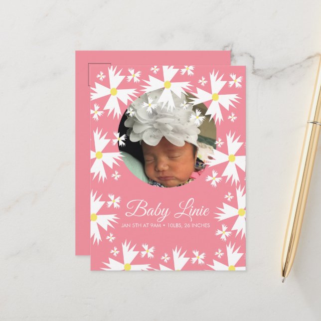 Cute Daisy Florals Border Photo Baby Announcement Postcard (Front/Back In Situ)