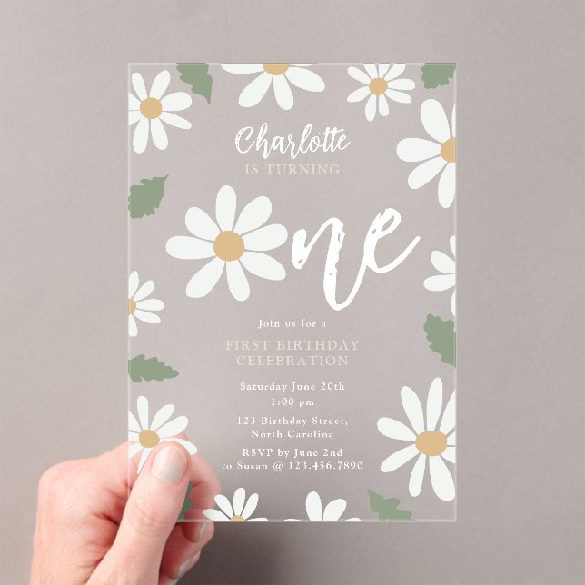 Cute Daisy Flower 1st Birthday Girl Pink Acrylic Invitations (Insitu (Handheld))