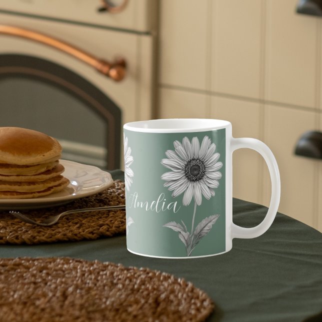 Cute Daisy Flower Boho Green Customizable Coffee Mug (Creator Uploaded)