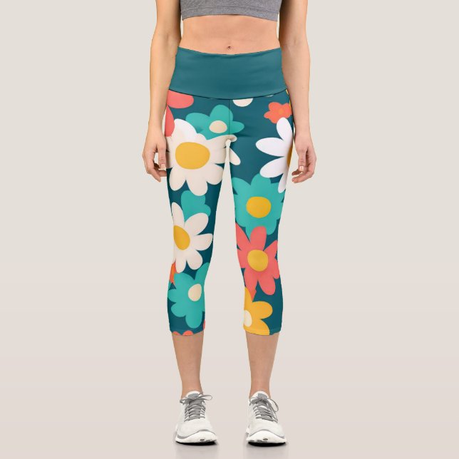 Cute Daisy Flower Botanical pattern school girly Capri Leggings (Front)