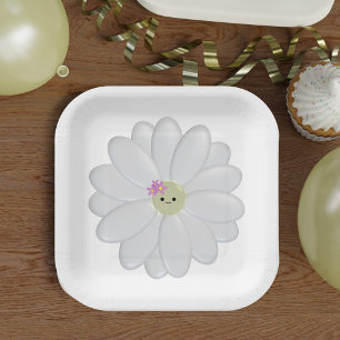 Cute Daisy Flower Face White Paper Plates
