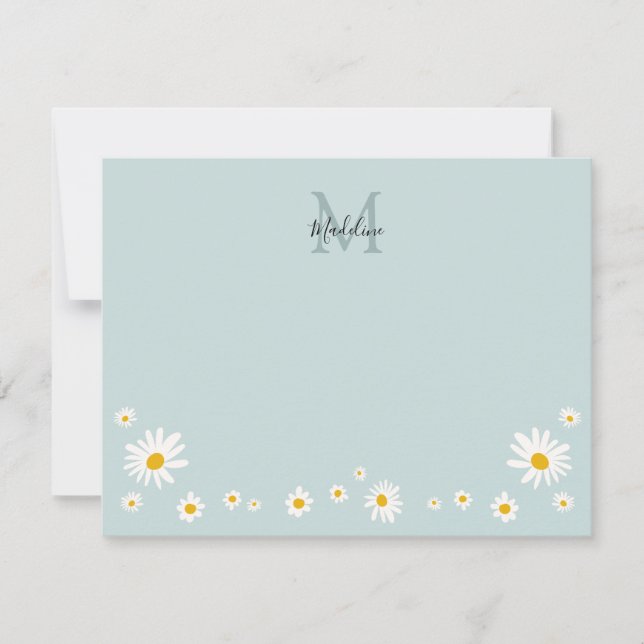 Cute Daisy Flower Modern Teal Monogram Note Card (Front)
