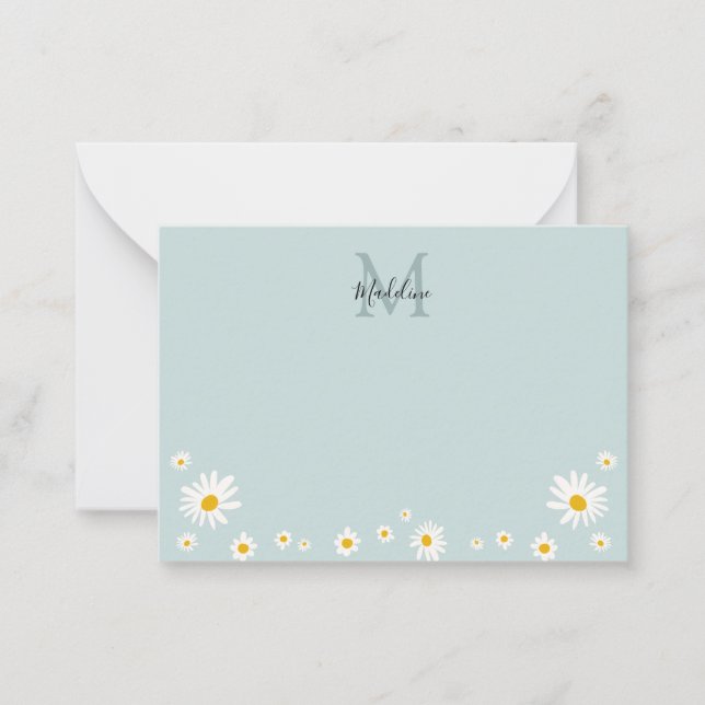 Cute Daisy Flower Modern Teal Monogram Note Card (Front)