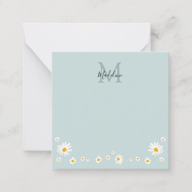 Cute Daisy Flower Modern Teal Monogram Square Note Card (Front)