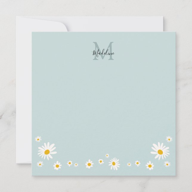 Cute Daisy Flower Modern Teal Monogram Square Note Card (Front)