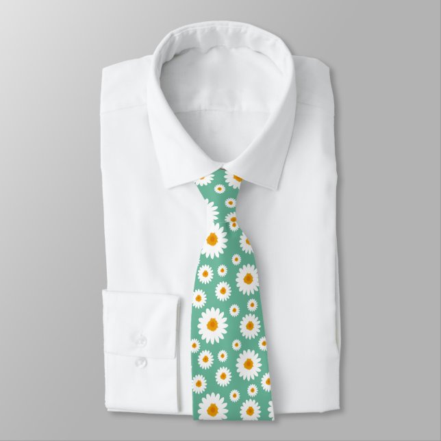 Cute Daisy Flower Pattern On A Green Neck Tie (Tied)