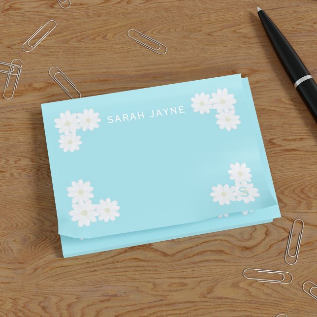 Cute Daisy Flowers Aqua Blue Post it Notes (Love daisies and post it notes? Just add your name to these)