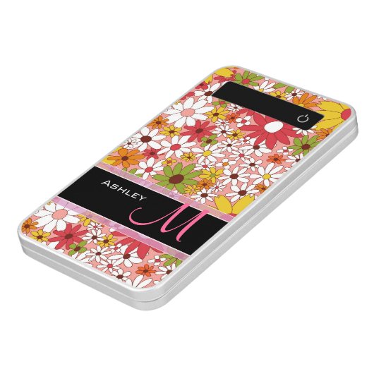 Cute Daisy Flowers Classy Floral Monogrammed Power Bank (Angled)