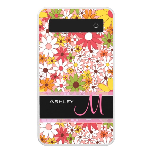 Cute Daisy Flowers Classy Floral Monogrammed Power Bank (Front)