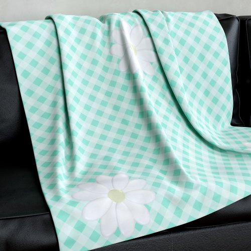 Cute Daisy Flowers Mint Green Gingham Check Fleece Blanket