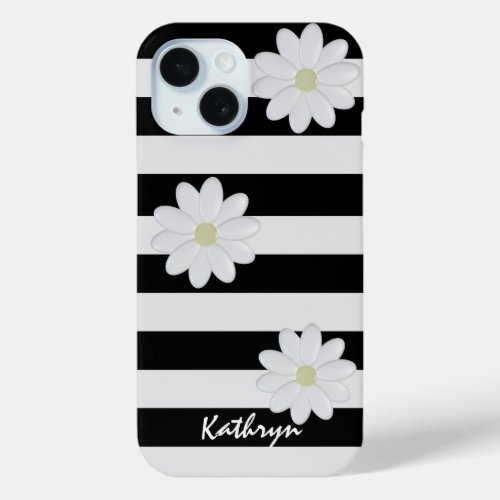 Cute Daisy Flowers Name Black and White Stripe iPhone 15 Case