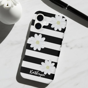 Cute Daisy Flowers Name Black and White Striped iPhone 17 Case