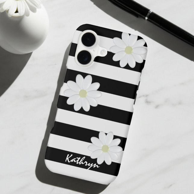 Cute Daisy Flowers Name Black and White Striped Case-Mate iPhone Case (Love minimalist design? This black & white daisy and stripe case is a chic statement.)