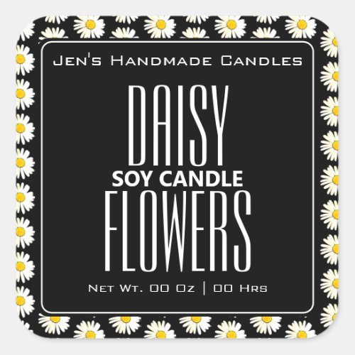Cute Daisy Flowers Pattern Black White Candles Square Sticker