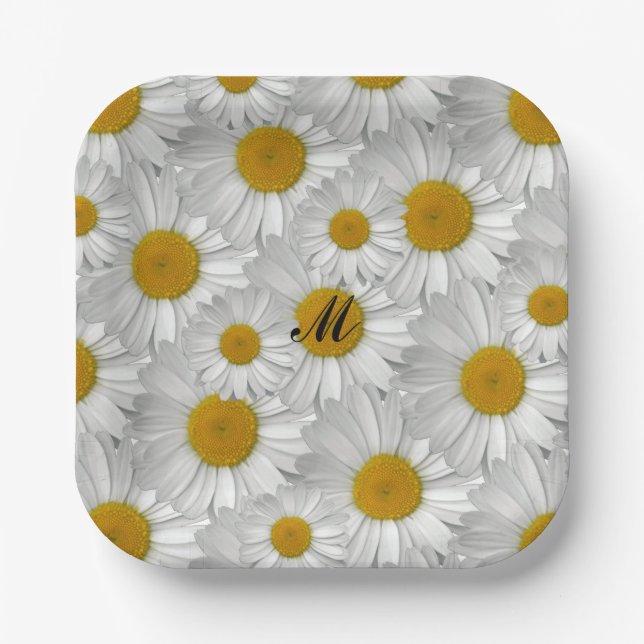 Cute Daisy Flowers with Name Monogram Paper Plates (Front)