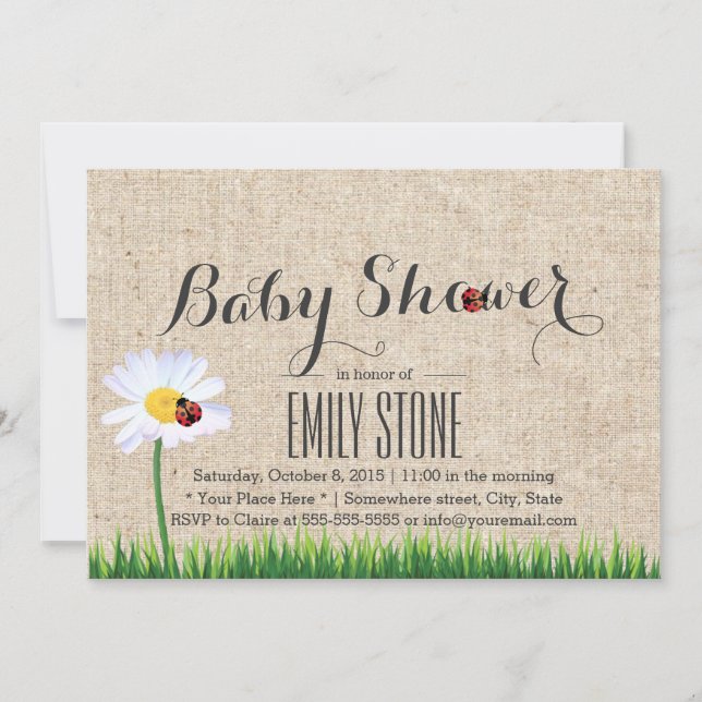 Cute Daisy & Ladybugs Burlap Baby Shower Invitation (Front)