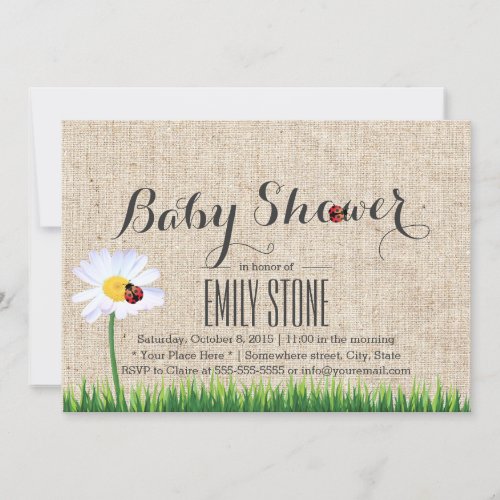 Cute Daisy &amp; Ladybugs Burlap Baby Shower Invites