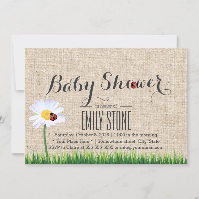 Cute Daisy & Ladybugs Burlap Baby Shower Invitation (Front)