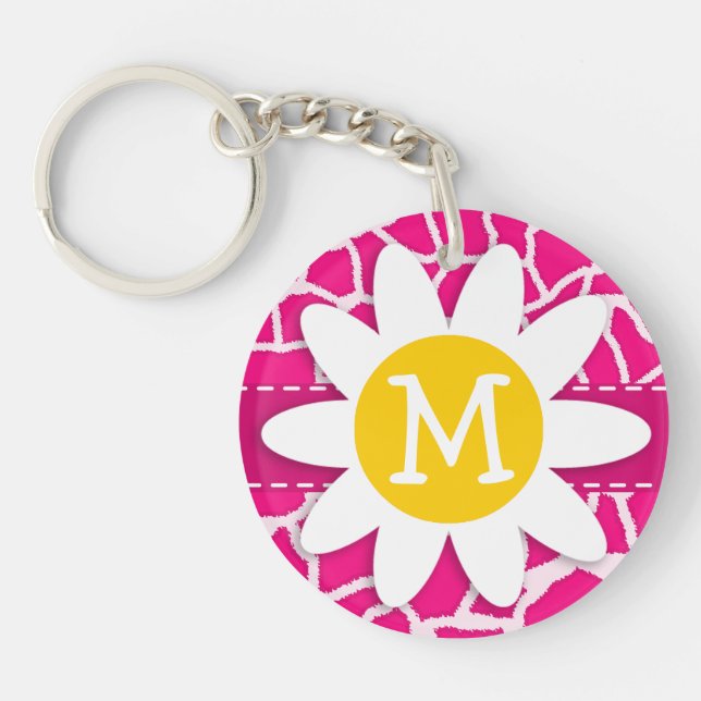 Cute Daisy on Bright Pink Giraffe Animal Print Keychain (Front)