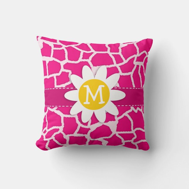 Cute Daisy on Bright Pink Giraffe Animal Print Throw Pillow (Front)