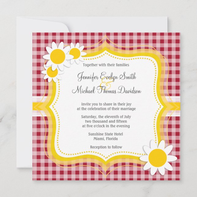 Cute Daisy on Carmine Red Gingham; Checkered Invitation (Front)