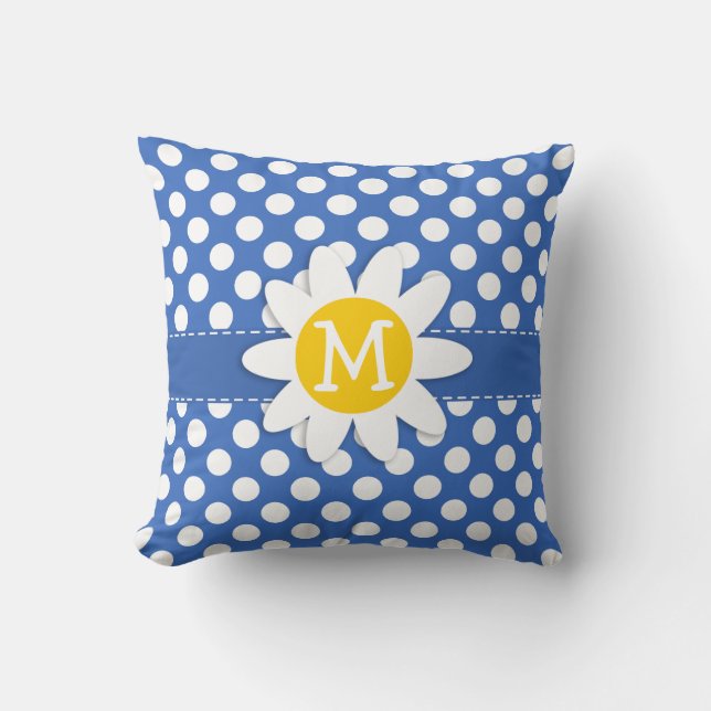 Cute Daisy on Cerulean Blue Polka Dots Throw Pillow (Front)