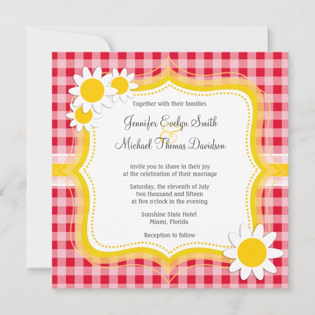 Cute Daisy on Retro Scarlet Red Gingham Pattern Invitation (Front)