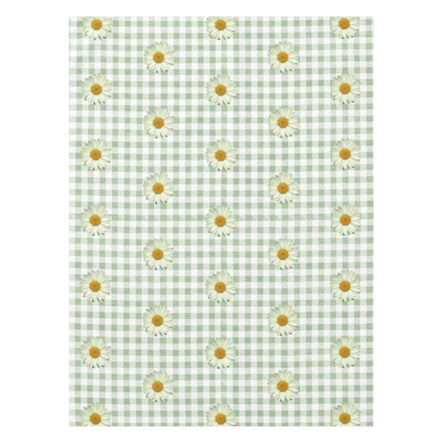 Cute Daisy Pattern on Sage Gingham Plaid  Tablecloth (Front)