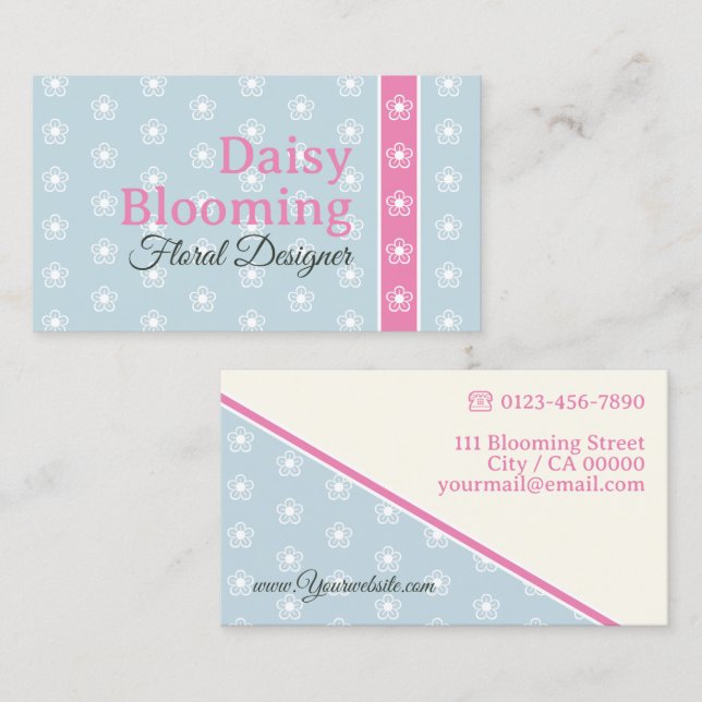 Cute Daisy Pattern Pastel Light Blue Pink Florist Business Card (Front/Back)
