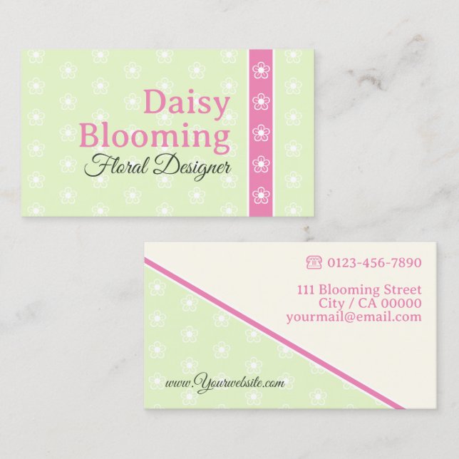 Cute Daisy Pattern Pastel Lime Green Pink Florist Business Card (Front/Back)