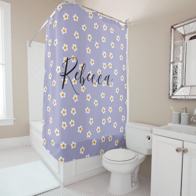 Cute Daisy Pattern Purple Personalized Script Name Shower Curtain (In Situ)