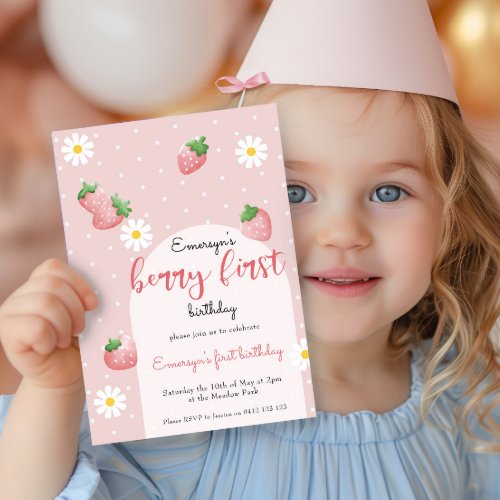 Cute Daisy Strawberry Berry First Birthday Invitation