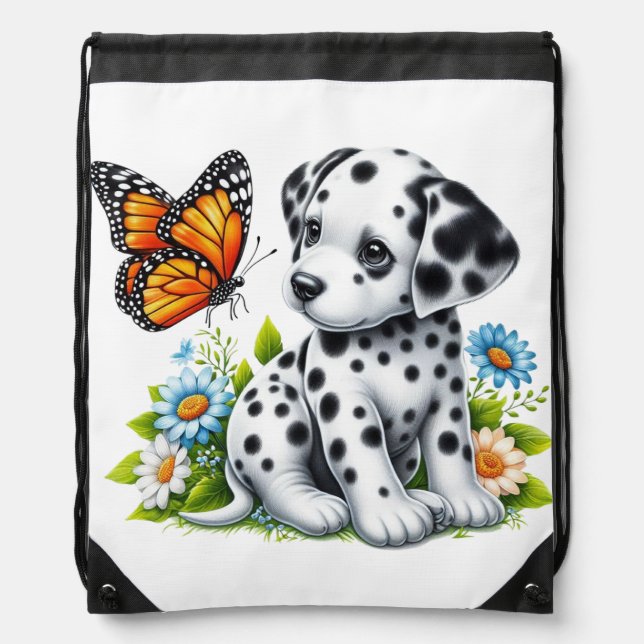 Cute Dalmatian/Butterfly friends Drawstring Bag (Front)