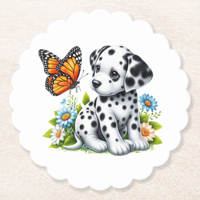 Cute Dalmatian/Butterfly friends Paper Coaster (Front)