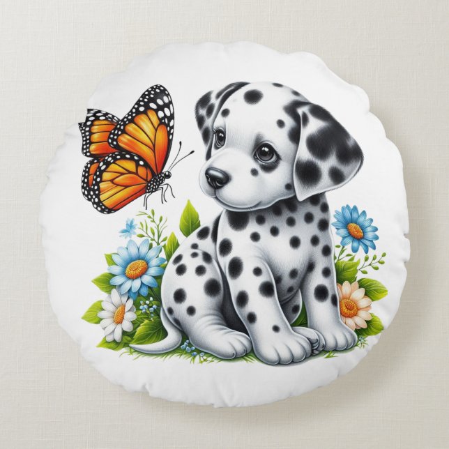 Cute Dalmatian/Butterfly friends Round Pillow (Front)