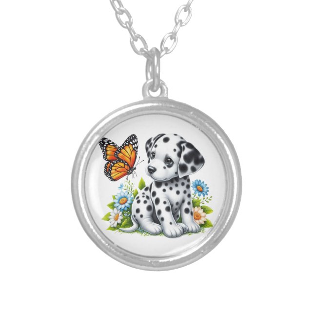 Cute Dalmatian/Butterfly friends Silver Plated Necklace (Front)