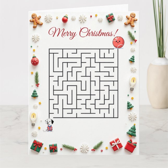 Cute Dalmatian Dog Christmas Maze Puzzle Holiday Card (Front)
