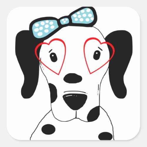 Cute Dalmatian Dog Funny Face Hearts Square Sticker