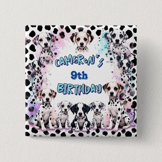 Cute Dalmatian Puppies Birthday Watercolor Party Button (Front)