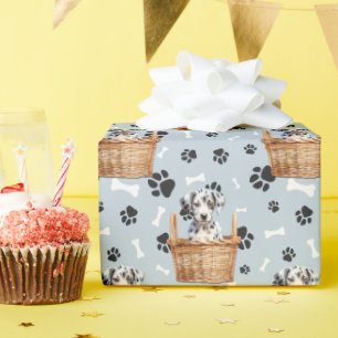 Cute Dalmatian Puppy in Basket Paw Print Wrapping Paper