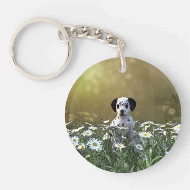 Cute Dalmatian Puppy in Daisies Keychain (Front)