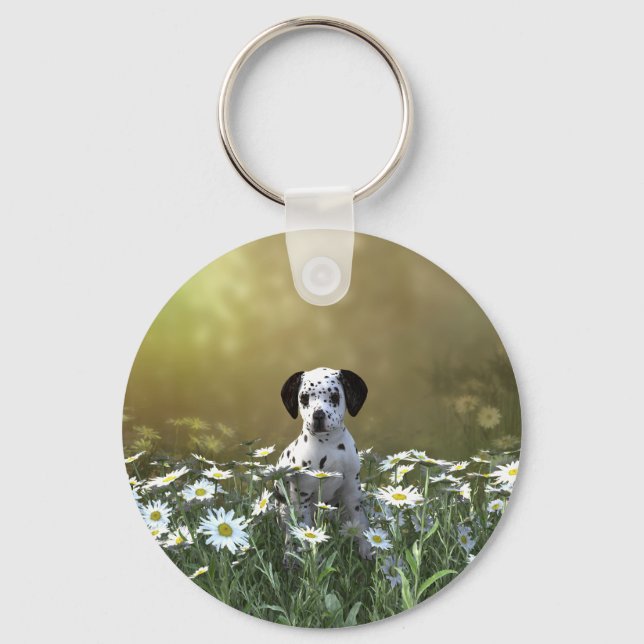 Cute Dalmatian Puppy in Daisies Keychain (Front)
