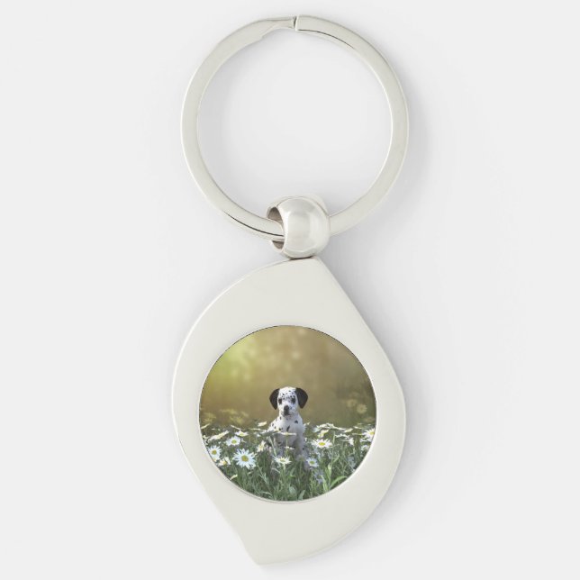 Cute Dalmatian Puppy in Daisies Keychain (Front)