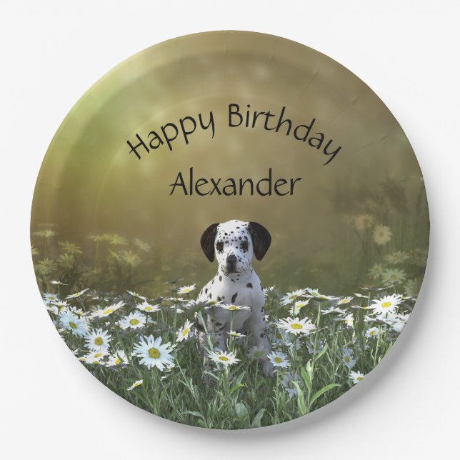 Cute Dalmatian Puppy in Daisies Paper Plates (Front)