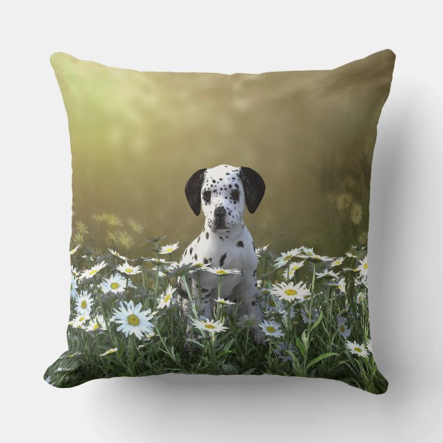 Cute Dalmatian Puppy in Daisies Throw Pillow (Front)