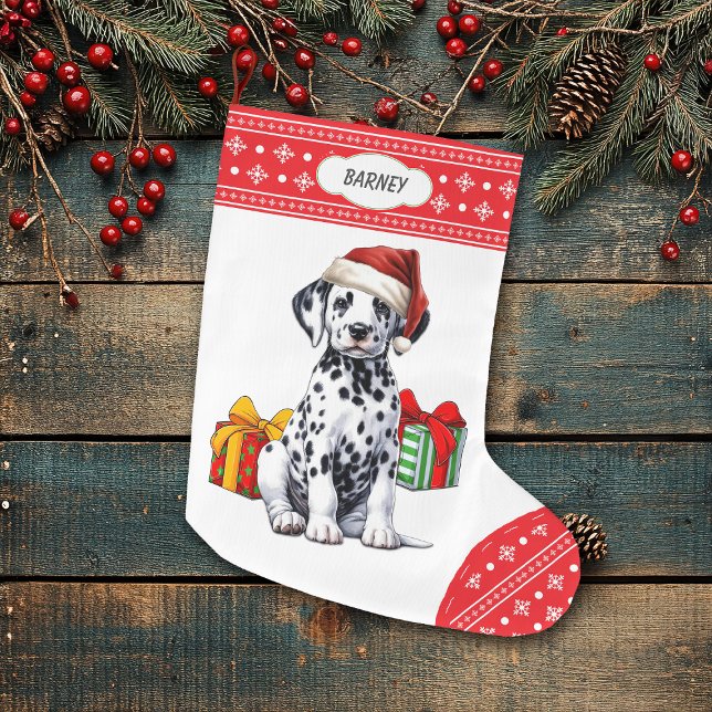 Cute Dalmatian Puppy Santa Hat Snowflake Large Christmas Stocking (Creator Uploaded)