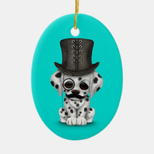 Cute Dalmatian Puppy with Monocle, Top Hat Blue Ceramic Ornament