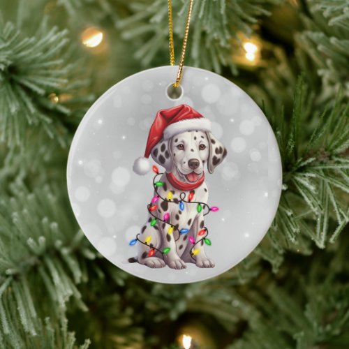 Cute Dalmatian Puppy Wrapped in Christmas Lights  Ceramic Ornament