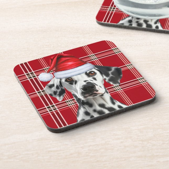 Cute Dalmatian Santa Dog Red Holiday Plaid Beverage Coaster (Left Side)