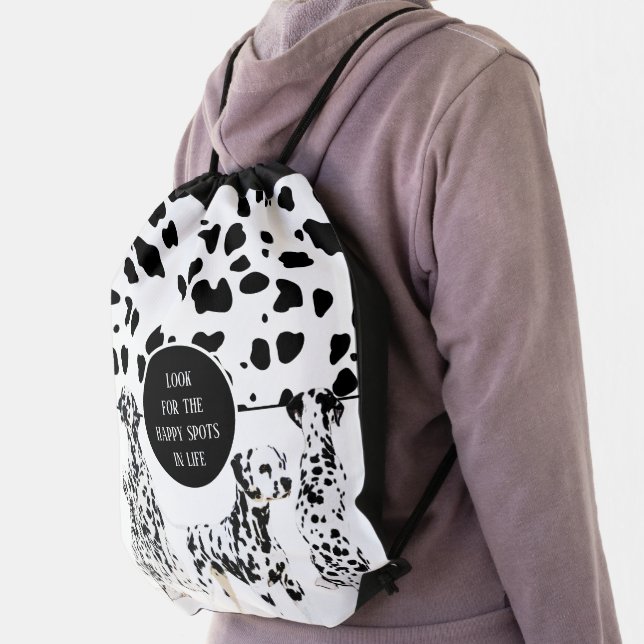 Cute Dalmatians Black & White Happy Spots Drawstring Bag (Insitu)
